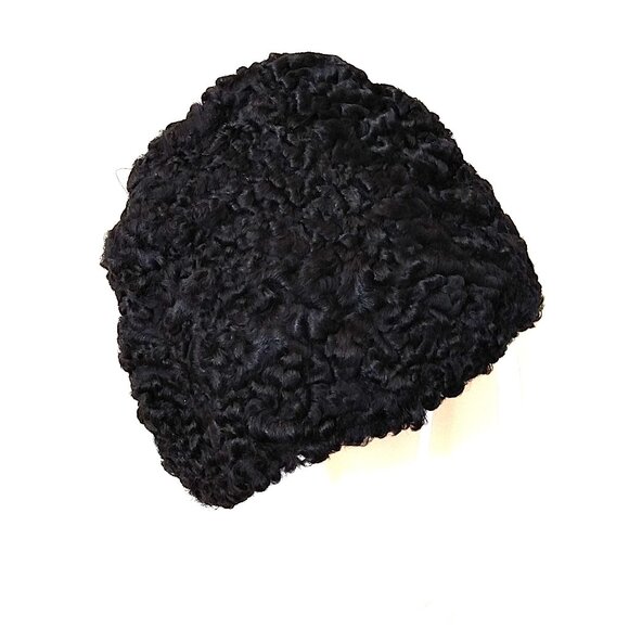 Vintage Curly Lamb Fur Hat Black Winter Garrison Cap XS - Picture 1 of 14